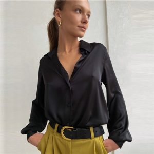 Women's Long Sleeve Shirt Spring/Fall Plain Shirt Collar Daily Going Out Casual Top, JustFashionNow Shirts & Blouses, color:Black|size:XL,