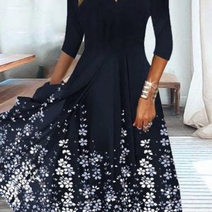 Women Floral V Neck Long Sleeve Comfy Casual Maxi Dress, Dresses, color:Black-blue|size:4XL, catalog Noracora shop