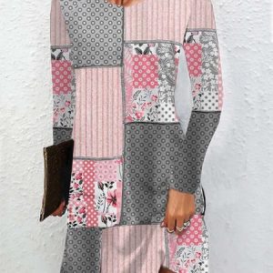 Women Geometric Crew Neck Long Sleeve Comfy Casual Mini Dress, Dresses, color:Pink|size:XXL, catalog Noracora shop