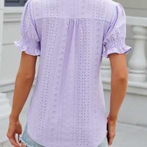 Shawl Collar Short Sleeve Plain Regular Micro-Elasticity Loose Shirt For Women, Blouses, color:Purple|size:XXL, catalog Noracora shop