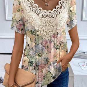 Crew Neck Short Sleeve Floral Lace Regular Loose Blouse For Women, Blouses, color:Yellow|size:XXL, catalog Noracora shop