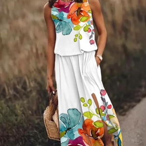 Women Floral Crew Neck Sleeveless Comfy Casual Maxi Dress, Dresses, color:White|size:XXL, catalog Noracora shop
