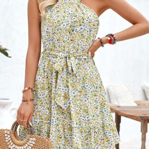 Women Floral Halter Sleeveless Comfy Casual Midi Dress, Dresses, color:Yellow|size:XL, catalog Noracora shop