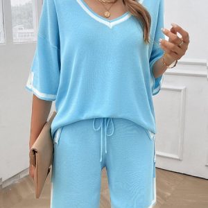Women Color Block V Neck Short Sleeve Comfy Casual Top With Pants Two-Piece Set, Sets, color:Blue|size:XL, catalog Noracora shop