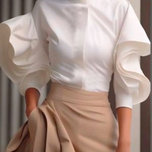 Ruffle Sleeve Elegant Mock Neck Shirt, Blouses and Shirts, color:White|size:XXL, Stylewe