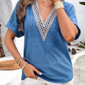 V Neck Short Sleeve Plain Lace Regular Micro-Elasticity Loose Shirt For Women, Blouses, color:Blue|size:XL, catalog Noracora shop