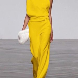 Women's Commuting Asymmetry Sleeve Solid Jumpsuit & Romper Jumpsuit, Jumpsuits&Rompers, color:Yellow|size:5XL, catalog Noracora shop