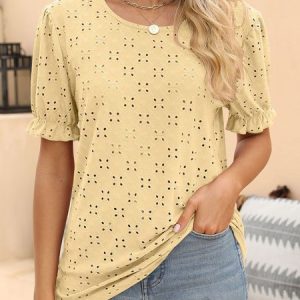 Crew Neck Short Sleeve Plain Regular Micro-Elasticity Loose Shirt For Women, Blouses, color:Yellow|size:XXL, catalog Noracora shop