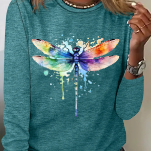 Casual Dragonfly Crew Neck Long Sleeve T-shirt, T-shirts, color:Green|size:XXL, catalog Noracora shop