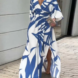 Women Geometric V Neck Half Sleeve Comfy Casual Maxi Dress, Dresses, color:Blue|size:3XL, catalog Noracora shop