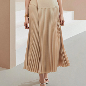 Elegant Loose Pleated Buttoned Skirt, Skirts, color:Apricot|size:XXL, Stylewe