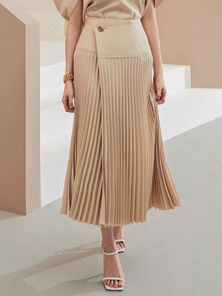 Elegant Loose Pleated Buttoned Skirt, Skirts, color:Apricot|size:XXL, Stylewe