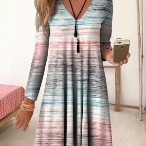 Women Striped V Neck Long Sleeve Comfy Casual Midi Dress, Dresses, color:Pink|size:XXL, catalog Noracora shop