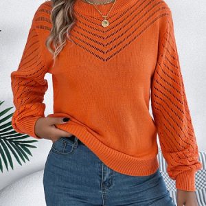 Women Yarn/Wool Yarn Plain Long Sleeve Comfy Casual Sweater, Sweaters, color:Orange|size:XL, catalog Noracora shop
