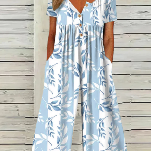 Women Short Sleeve Half Open Collar Loose Ankle Pants Daily Casual Floral Natural Jumpsuit, Jumpsuits&Rompers, color:Blue|size:XXL, catalog Noracora shop