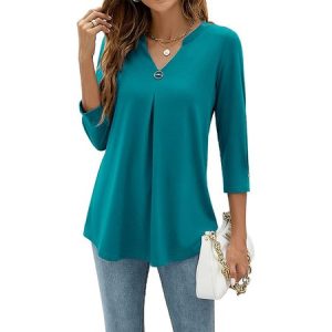 Casual Plain V Neck Three Quarter Sleeve T-shirt, T-shirts, color:Aqua blue|size:XXL, catalog Noracora shop