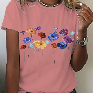 Women's Short Sleeve Tee T-shirt Summer Floral Crew Neck Casual Top, JustFashionNow T-Shirts, color:Orange Pink|size:3XL,