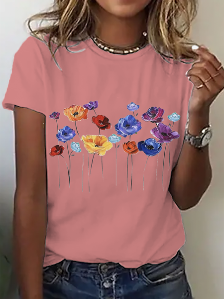 Floral Cotton Crew Neck Casual T-Shirt, T-shirts, Lilicloth.com