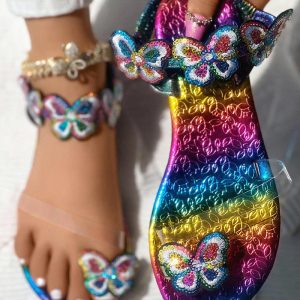 Rainbow Ombre Butterfly Pattern Embroidery Contrast Sequin Sandals, women Flats-Sandals, ChicMe catalog