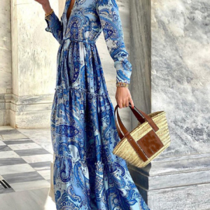 Women Ethnic Shawl Collar Long Sleeve Comfy Casual Maxi Dress, Dresses, color:Blue|size:XXL, catalog Noracora shop