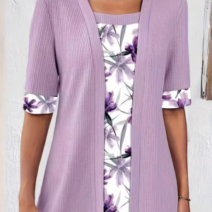 Square Neck Long Sleeve Floral Regular Micro-Elasticity Loose Mock Two-Piece Blouse For Women, Blouses, color:Light Purple|size:XXL, catalog Noracora shop
