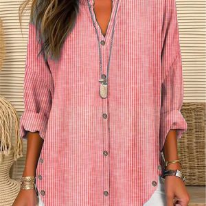Women Tunic Shirt Collar Long Sleeve Striped Buckle Loose Blouse, Shirts, color:Red|size:XXL, catalog Noracora shop