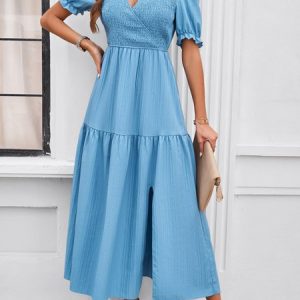Women Plain V Neck Short Sleeve Comfy Casual Maxi Dress, Midi, color:Blue|size:XL, catalog Noracora shop