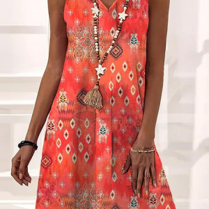 Women Ethnic V Neck Sleeveless Comfy Casual Midi Dress, Midi, color:Orange|size:XXL, catalog Noracora shop