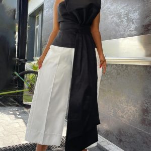 Elegant Color Block Regular Fit Jumpsuit, Jumpsuits, color:Black-white|size:XXL, Stylewe