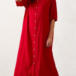 Women Plain Shirt Collar Half Sleeve Comfy Casual Maxi Dress, Dresses, color:White|size:XXL, catalog Noracora shop
