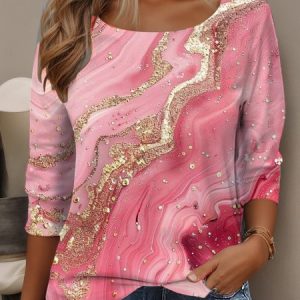 Women's Long Sleeve T-shirt Spring/Fall Pink Ombre Jersey Crew Neck Daily Going Out Casual Top, Long sleeves, Lilicloth.com