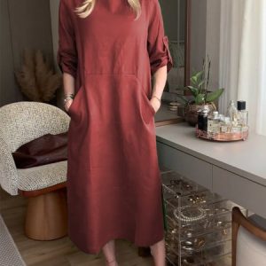 Women's Long Sleeve Spring/Fall Plain Cotton Dress Crew Neck Daily Going Out Casual Midi H-Line White, JustFashionNow Dresses, color:Brick Red|size:3XL,