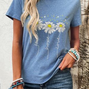 Casual Floral Crew Neck Short Sleeve T-shirt, T-shirts, color:Black|size:3XL, catalog Noracora shop