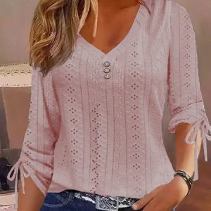 Women Plain V Neck Casual Three Quarter Sleeve T-shirt, Tees & T-shirts, Roselinlin - Online Catalog