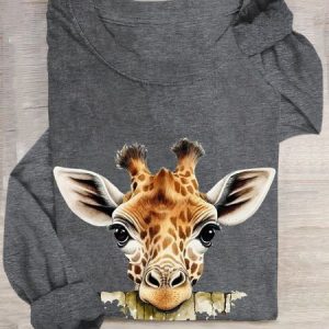 Casual Animal Crew Neck Long Sleeve T-shirt, T-shirts, color:Deep Gray|size:3XL, catalog Noracora shop
