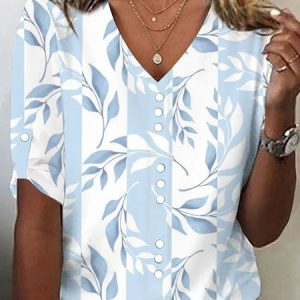 Women's Three Quarter Sleeve Tee T-shirt Spring/Fall Leaf Buckle V Neck Casual Top, JustFashionNow T-Shirts, color:Blue|size:XXL,