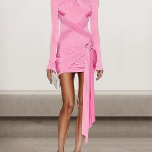 Women Plain Long Sleeve Comfy Sexy Mini Dress, Dinner dress, color:Pink|size:L, catalog Noracora shop