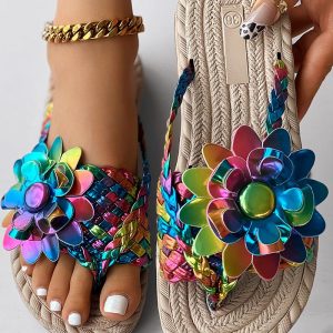 Holographic Braided Floral Pattern Toe Post Beach Flip Flops, women flips flops, ChicMe catalog
