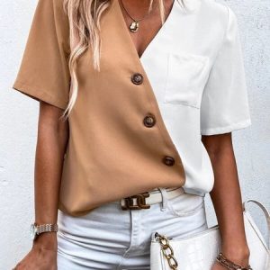 V Neck Short Sleeve Color Block Buckle Regular Loose Shirt For Women, Blouses, color:Khaki|size:XXL, catalog Noracora shop