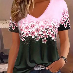 Women's Floral Printing Knitted V Neck Daily Going Out Casual Top, T-shirts, Lilicloth.com