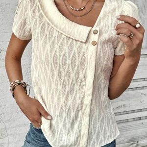 Short Sleeve Plain Regular Micro-Elasticity Loose Shirt For Women, Blouses, color:Apricot|size:XXL, catalog Noracora shop