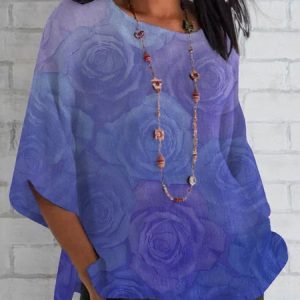 Crew Neck Three Quarter Sleeve Geometric Regular Loose Blouse For Women, Blouses, color:Color5|size:4XL, catalog Noracora shop