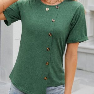 Crew Neck Short Sleeve Plain Buckle Regular Micro-Elasticity Loose Shirt For Women, Blouses, color:Dark Green|size:XXL, catalog Noracora shop
