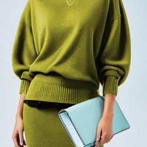 Plain Crew Neck Elegant Long Sleeve Sweater, Pullovers, color:Green|size:XXL, Stylewe