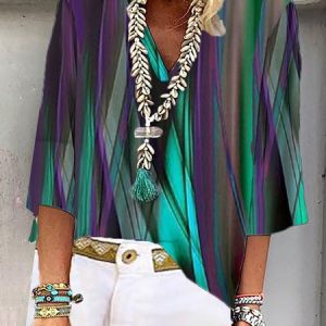 Casual Abstract V Neck Three Quarter Sleeve T-shirt, Blouses, color:Blue|size:XXL, catalog Noracora shop