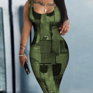 Denim Look Print Sleeveless U-Neck Bodycon Dress, women Bodycon Dresses, ChicMe catalog