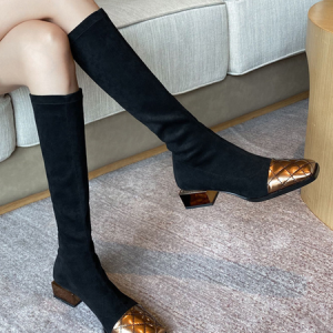 Flocked Color Block Fashion Bootsпј€Little Elasticityпј‰, Boots, color:Golden|size:40, Stylewe