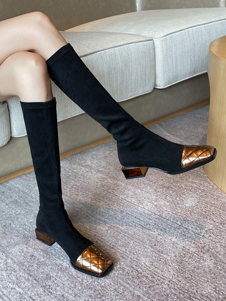Flocked Color Block Fashion Bootsпј€Little Elasticityпј‰, Boots, color:Golden|size:40, Stylewe
