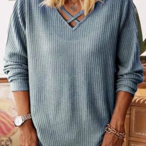 V Neck Long Sleeve Plain Regular Loose Blouse For Women, Blouses, color:Blue|size:5XL, catalog Noracora shop
