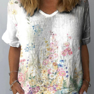 V Neck Short Sleeve Floral Lightweight Loose Blouse For Women, Blouses, color:Color2|size:3XL, catalog Noracora shop